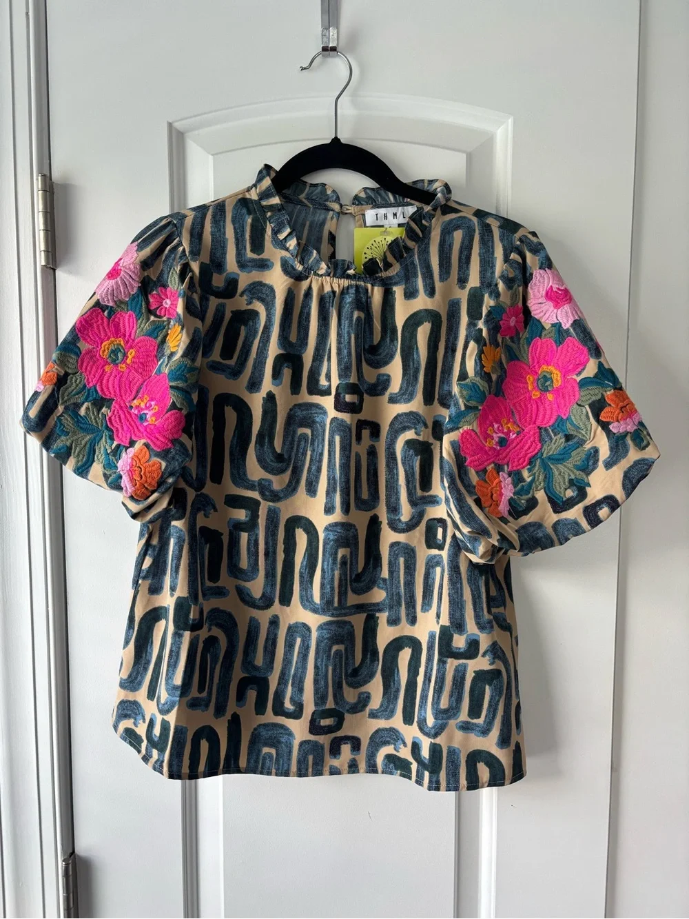 THML Beige Top with Navy Graphic Print and Pink Floral Sleeve Embroidery - Picture 4 of 5